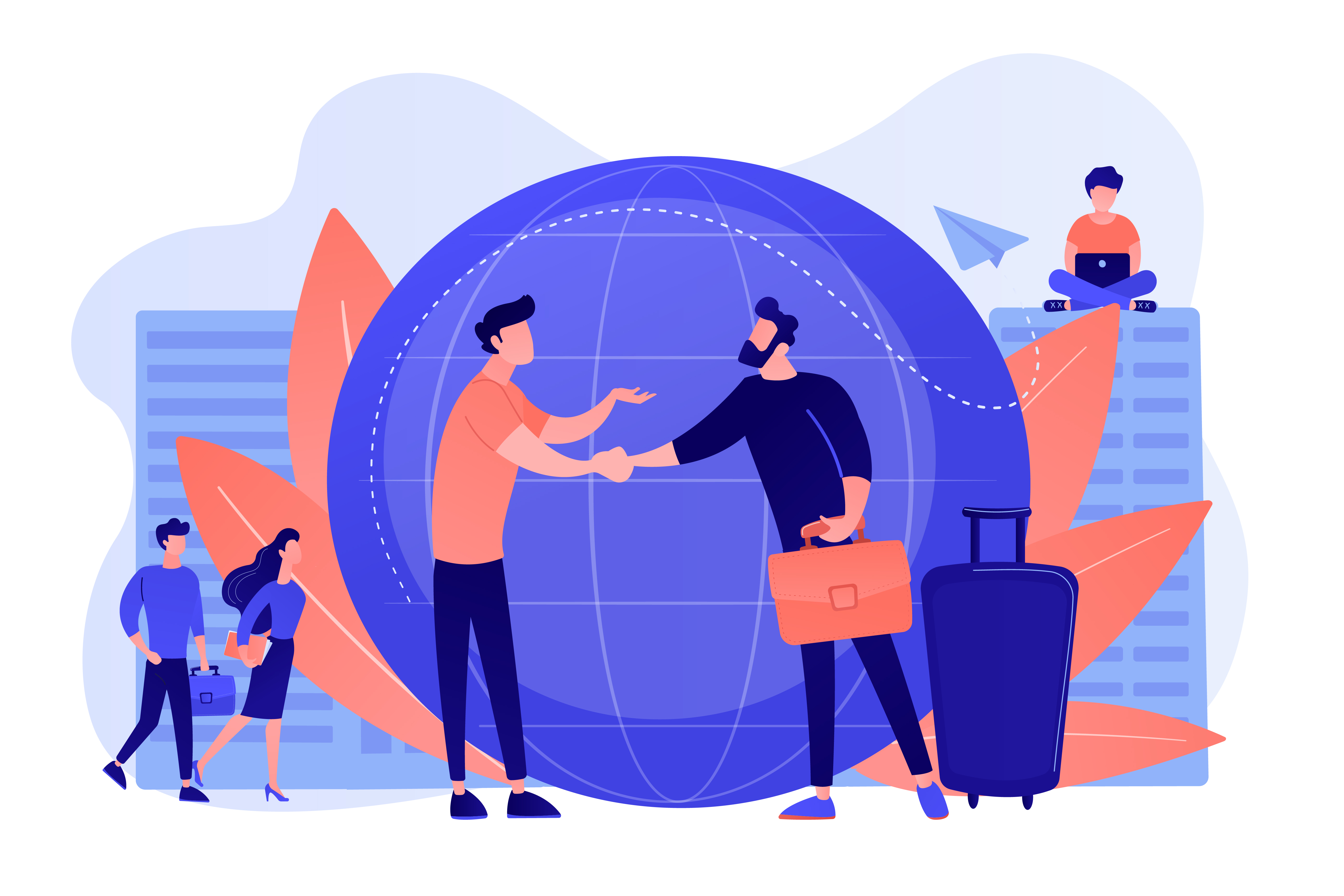 Vector graphic of two business people collaborating on AI development projects against a globe.