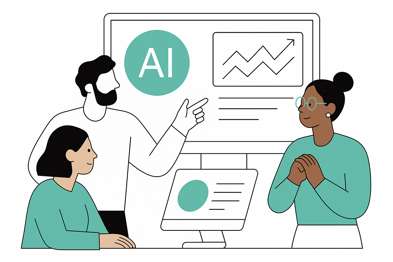 3 character sketched people, all looking at a computer screen with AI in bold letters
