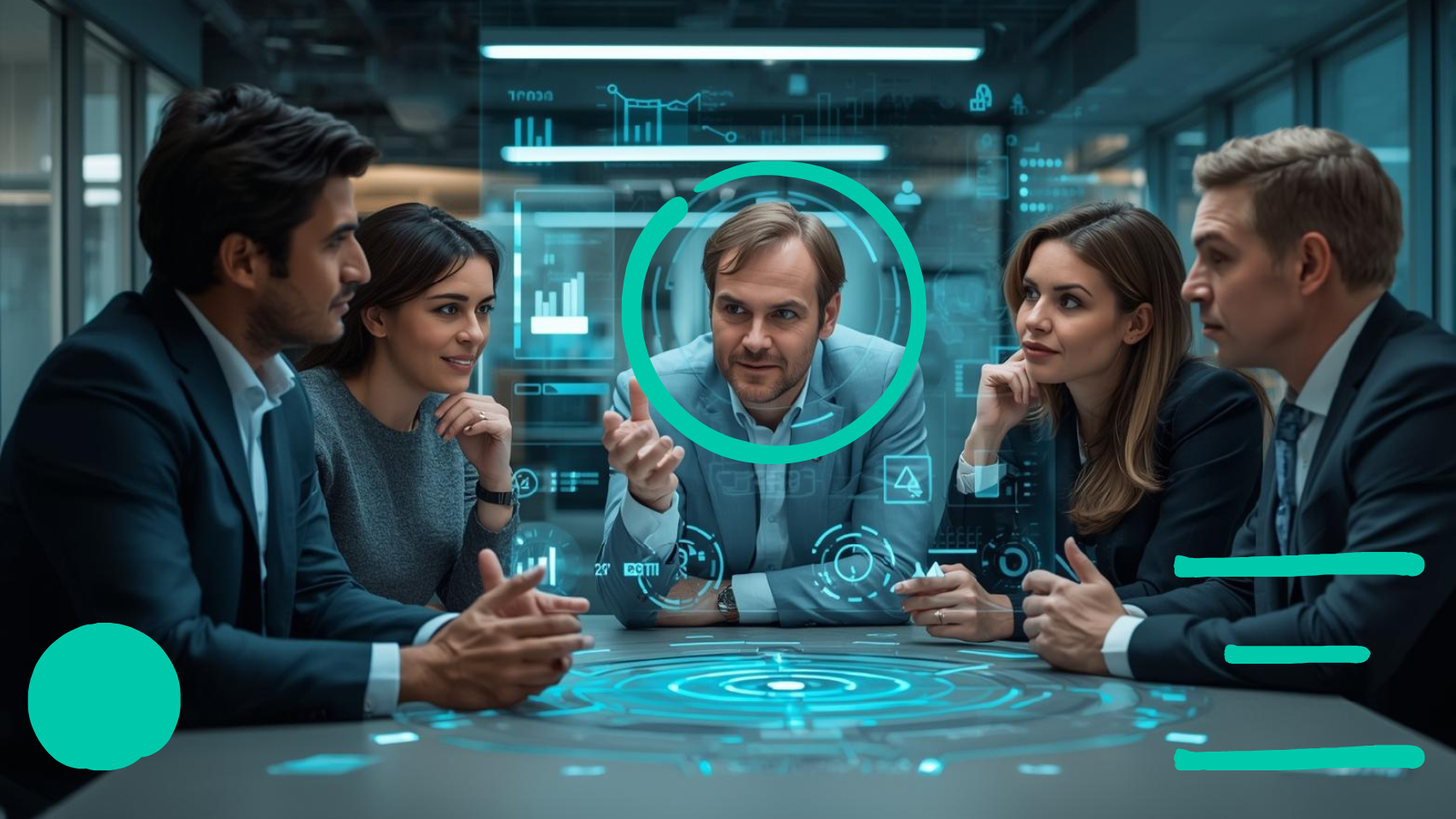 An AI generated image of a group of people in business attire gathered around a table, looking at a holographic display with charts and graphs.