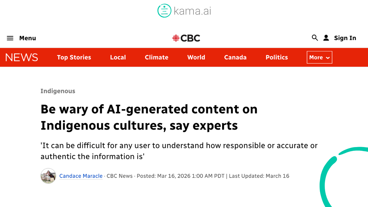a text image saying "Indigenous Be wary of AI-generated content on Indigenous cultures, say experts 'It can be difficult for any user to understand how responsible or accurate or authentic the information is'"