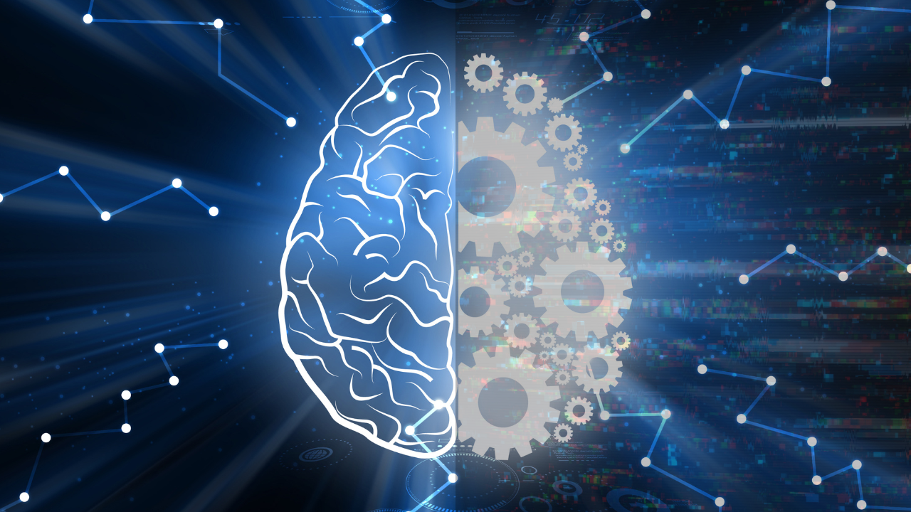 A stylized brain graphic where the left hemisphere is outlined and the right hemisphere is composed of interlocking gears, set against a dark blue background with glowing lines and nodes forming a network pattern.