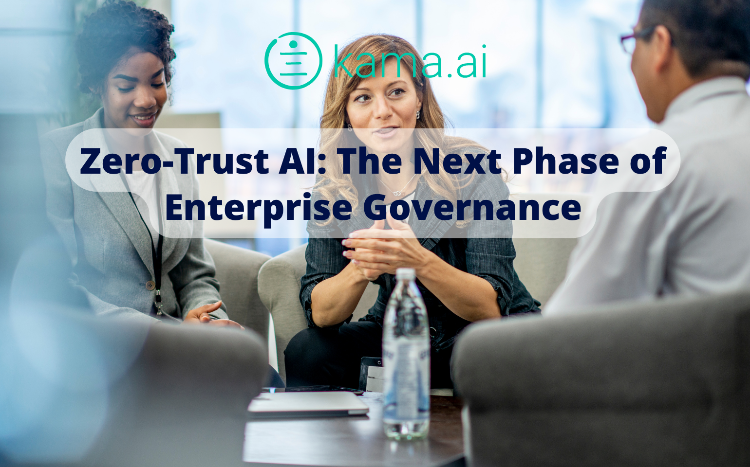 Executive team reviewing AI governance dashboards with the title Zero-Trust AI: The Next Phase of Enterprise Governance
